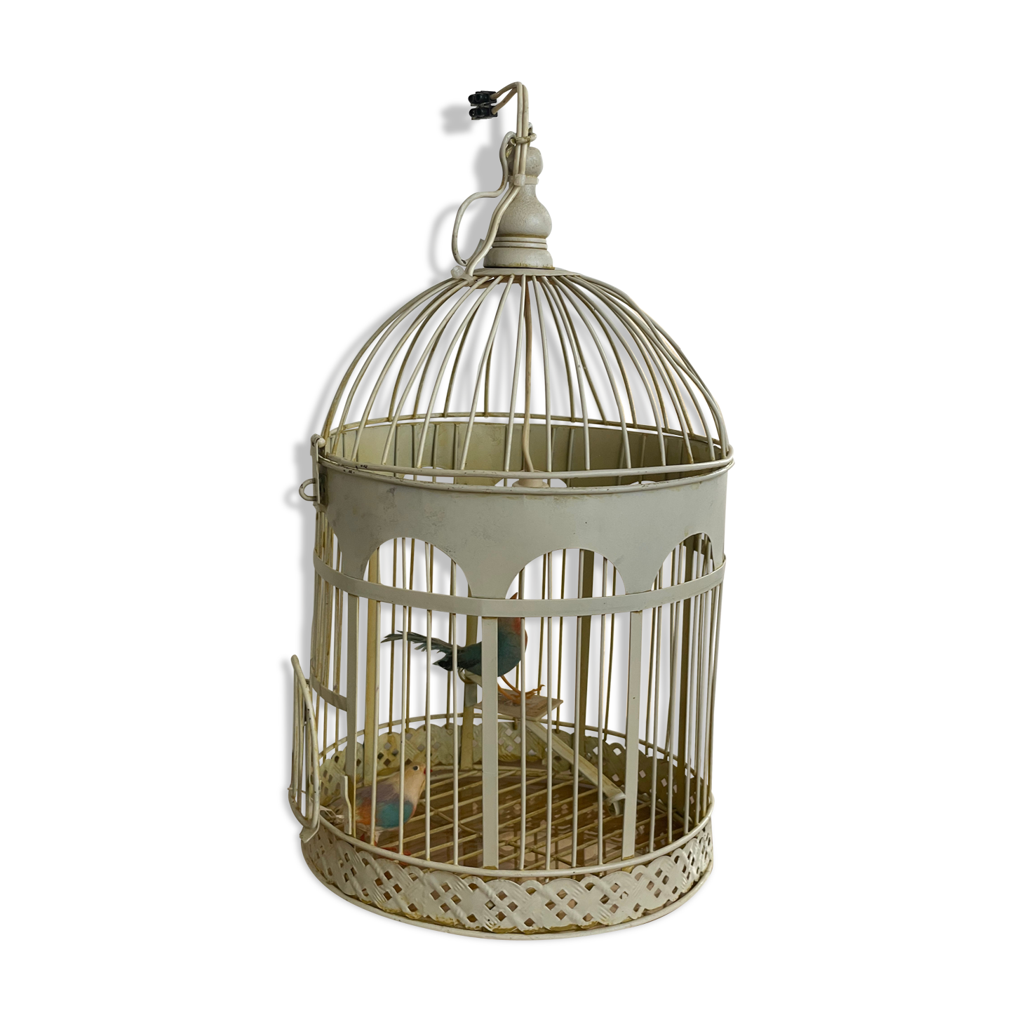Cage à oiseaux transformé en lampe métal blanc