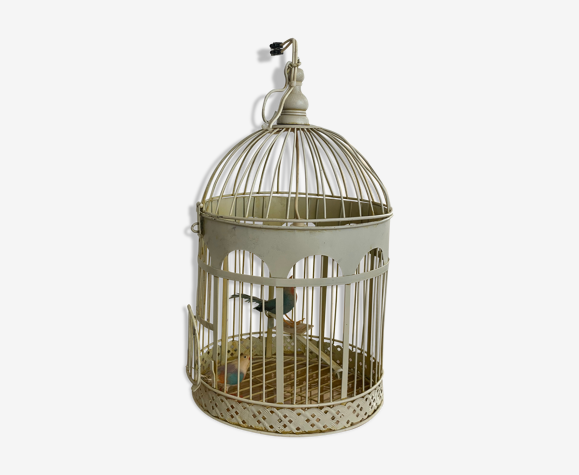 Cage à oiseaux transformé en lampe métal blanc
