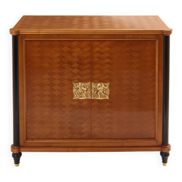 Jules Leleu cherry wood cabinet with marquetry, 2 doors, bronze, 1940.