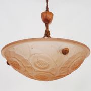 Antique chandelier, Art Deco floral basin pendant light 1 light, in pink glass paste. 1930s