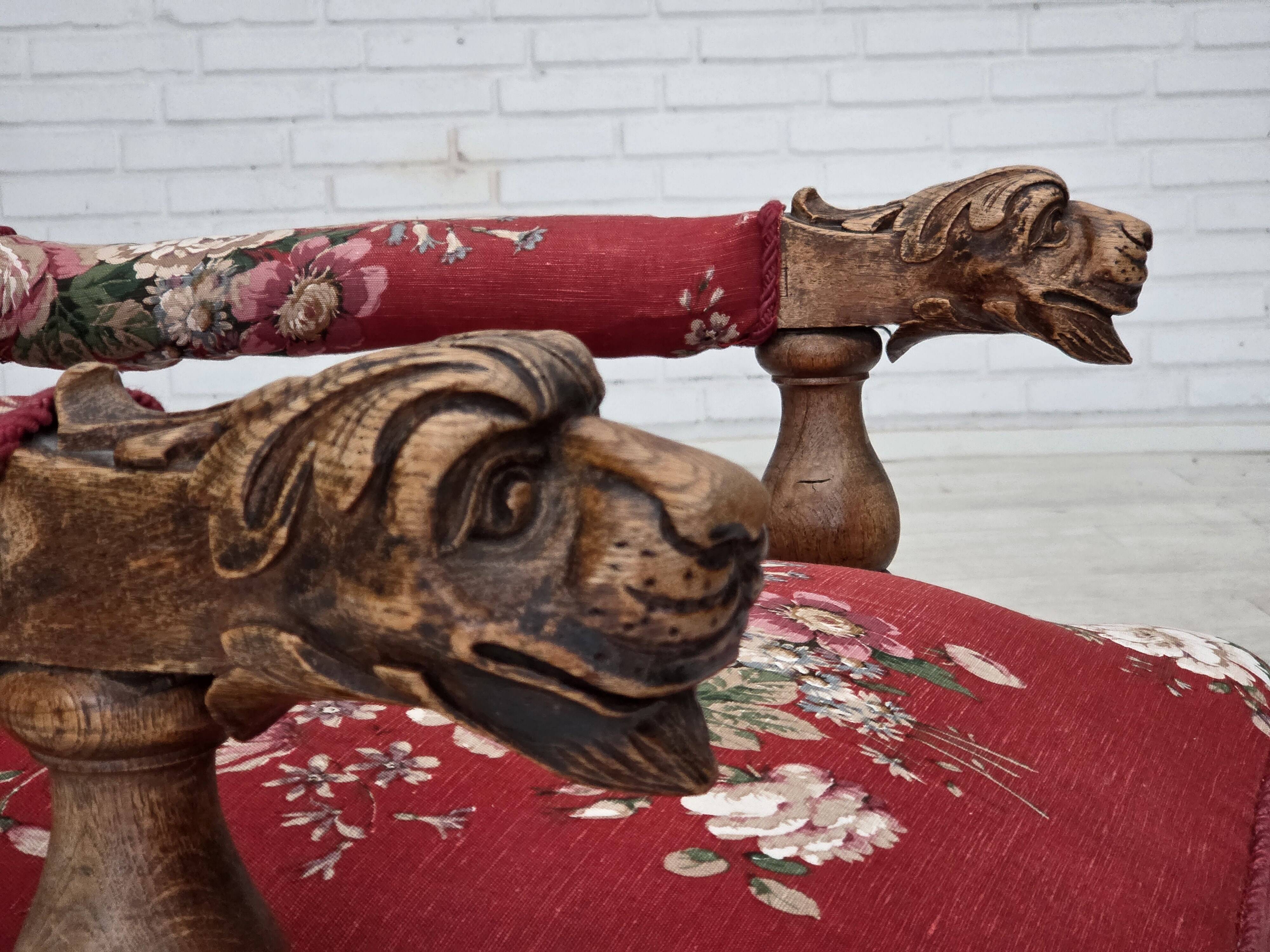 1920-30s, Danish armchair, furniture cotton fabric, hand carved oak wood.