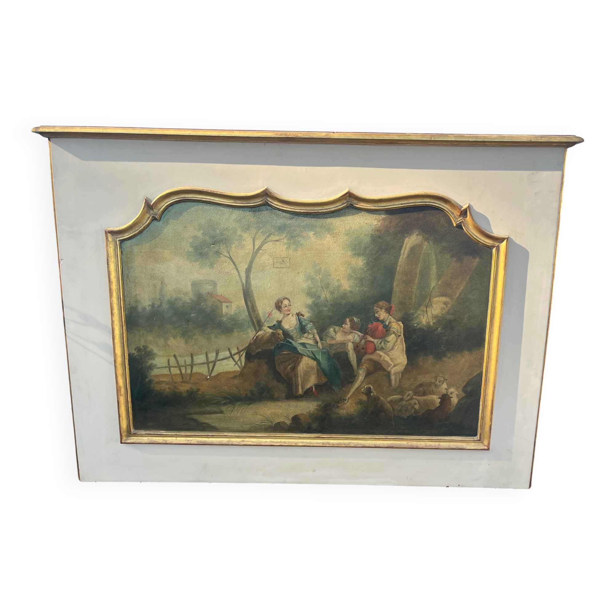 Antique Fireplace Trumeau in Louis XV Style - Gallant / Pastoral Scene at the