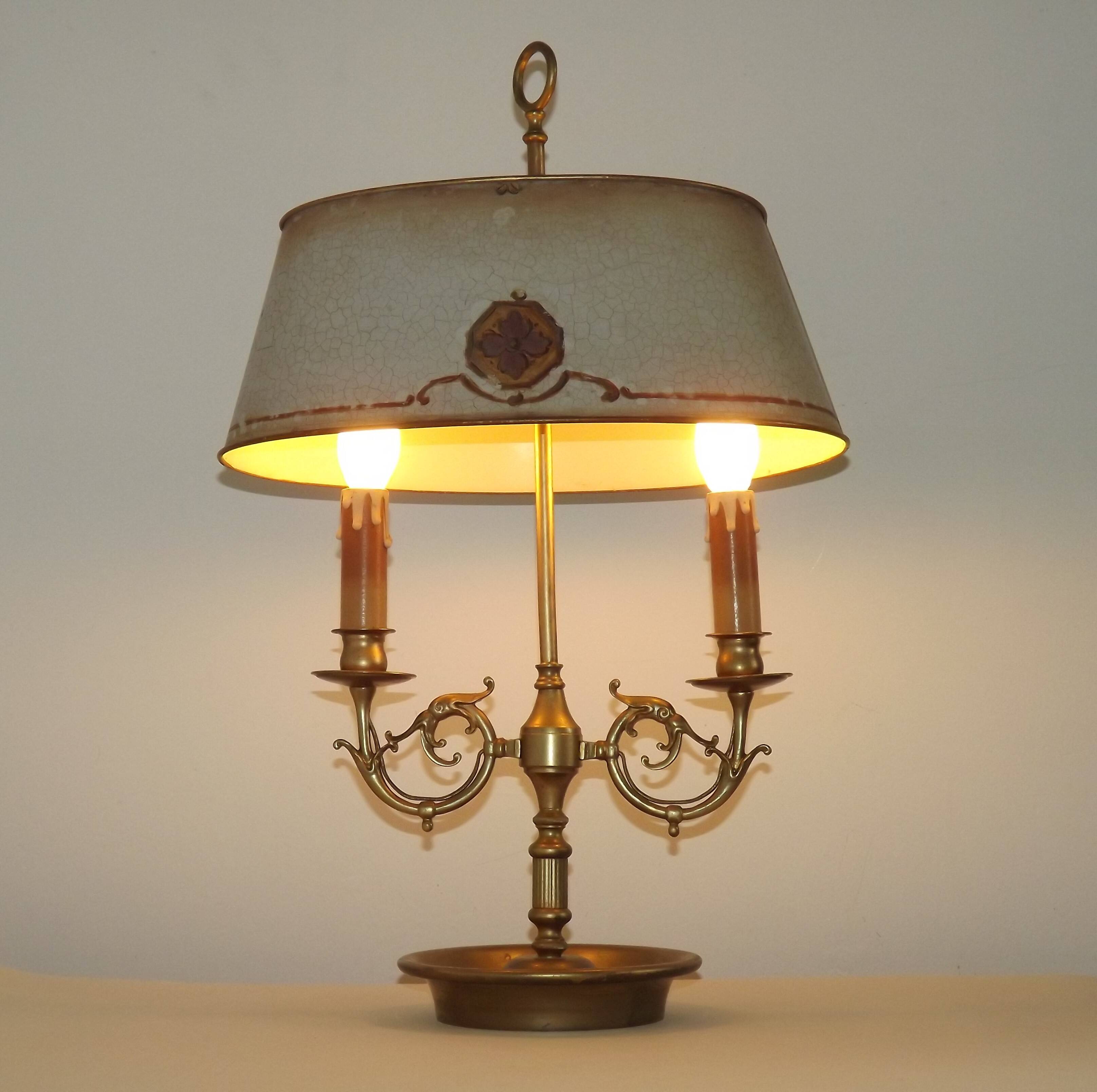 Lampe bouillotte à 2 lumières en laiton de l'Empire français, design floral peint à la main