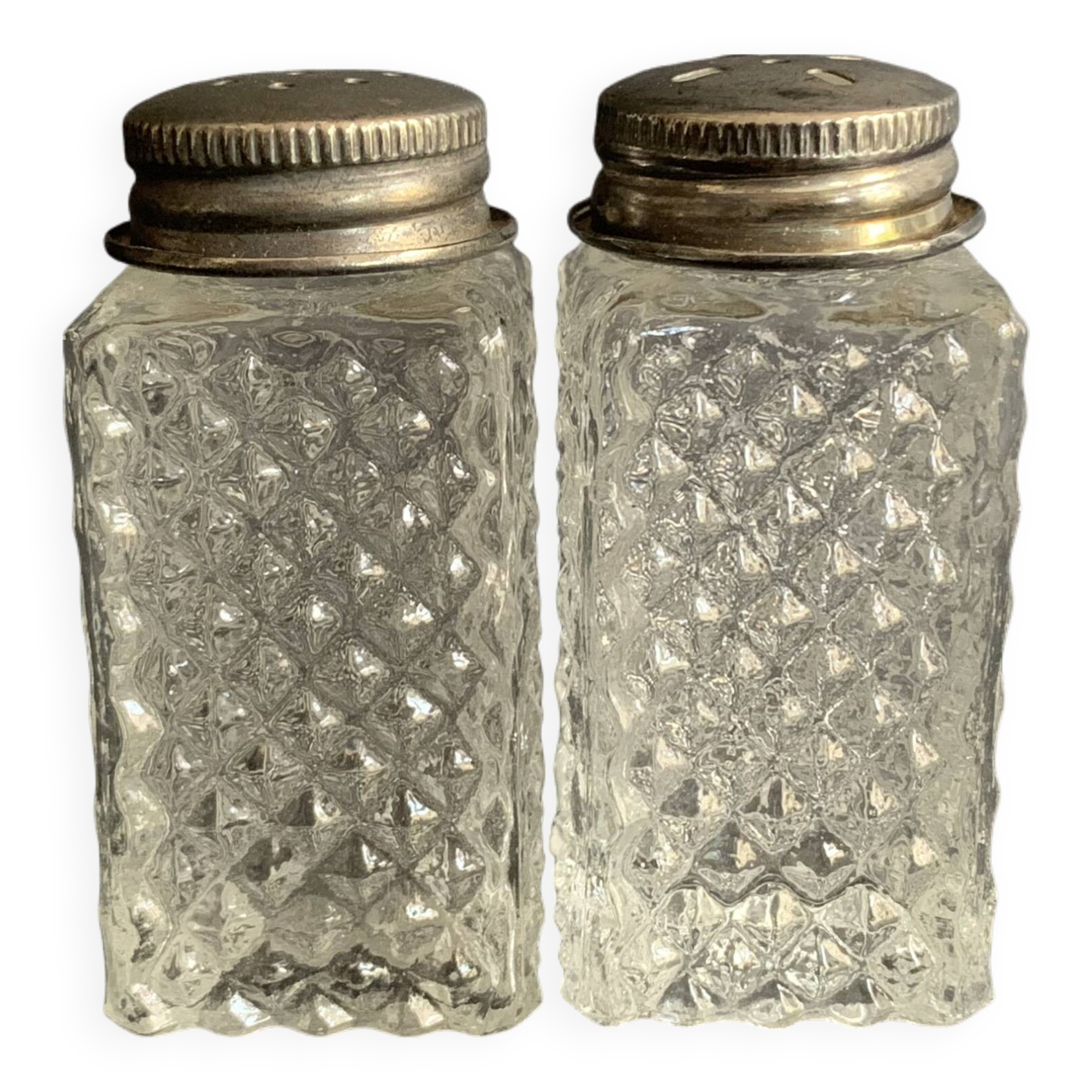 Salière et poivrières en verre pointe de diamant des années 60
