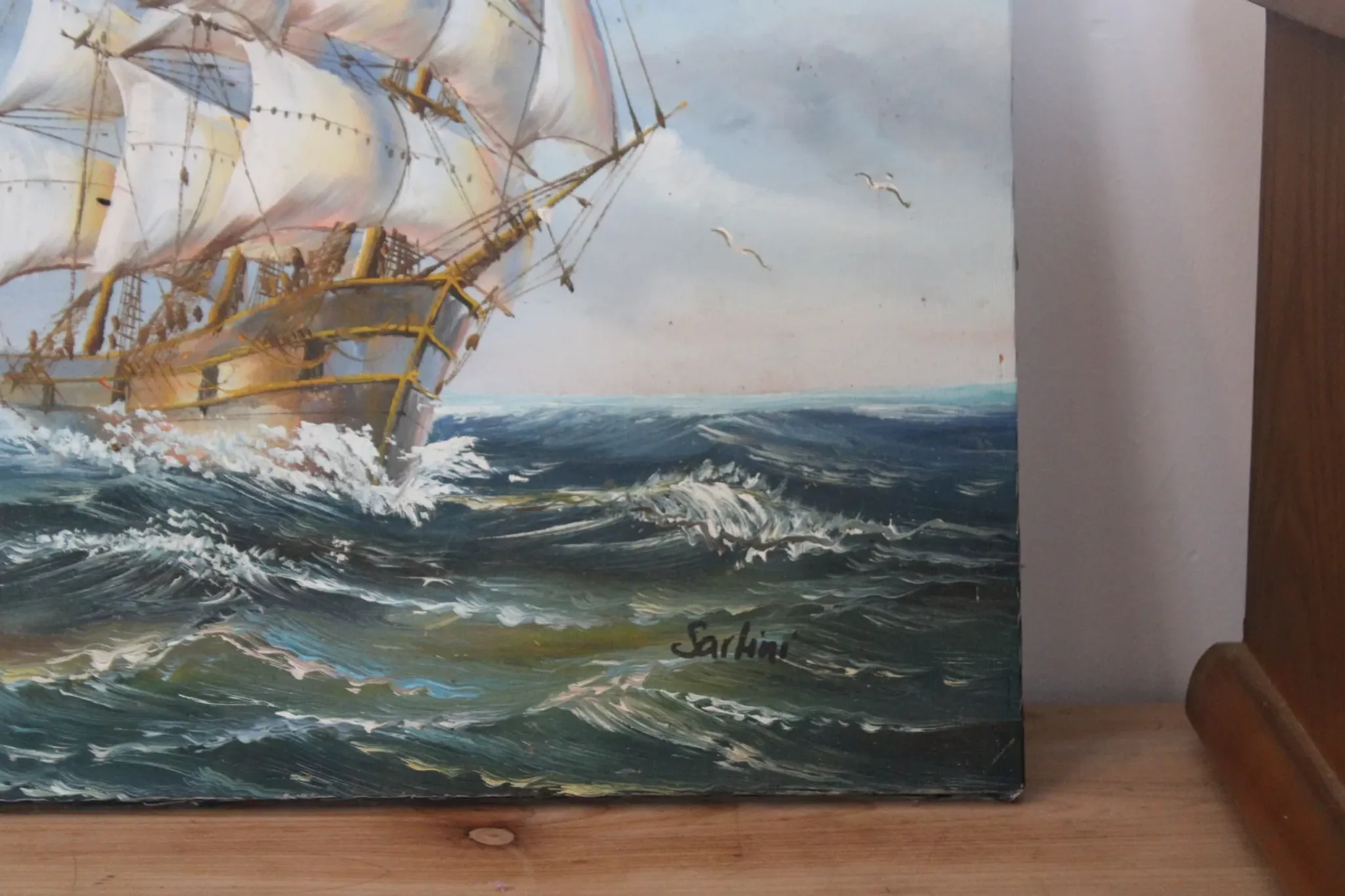 Marine painting on canvas signed "Sartini" – Large sailing ship at sea – 40 × 30 cm