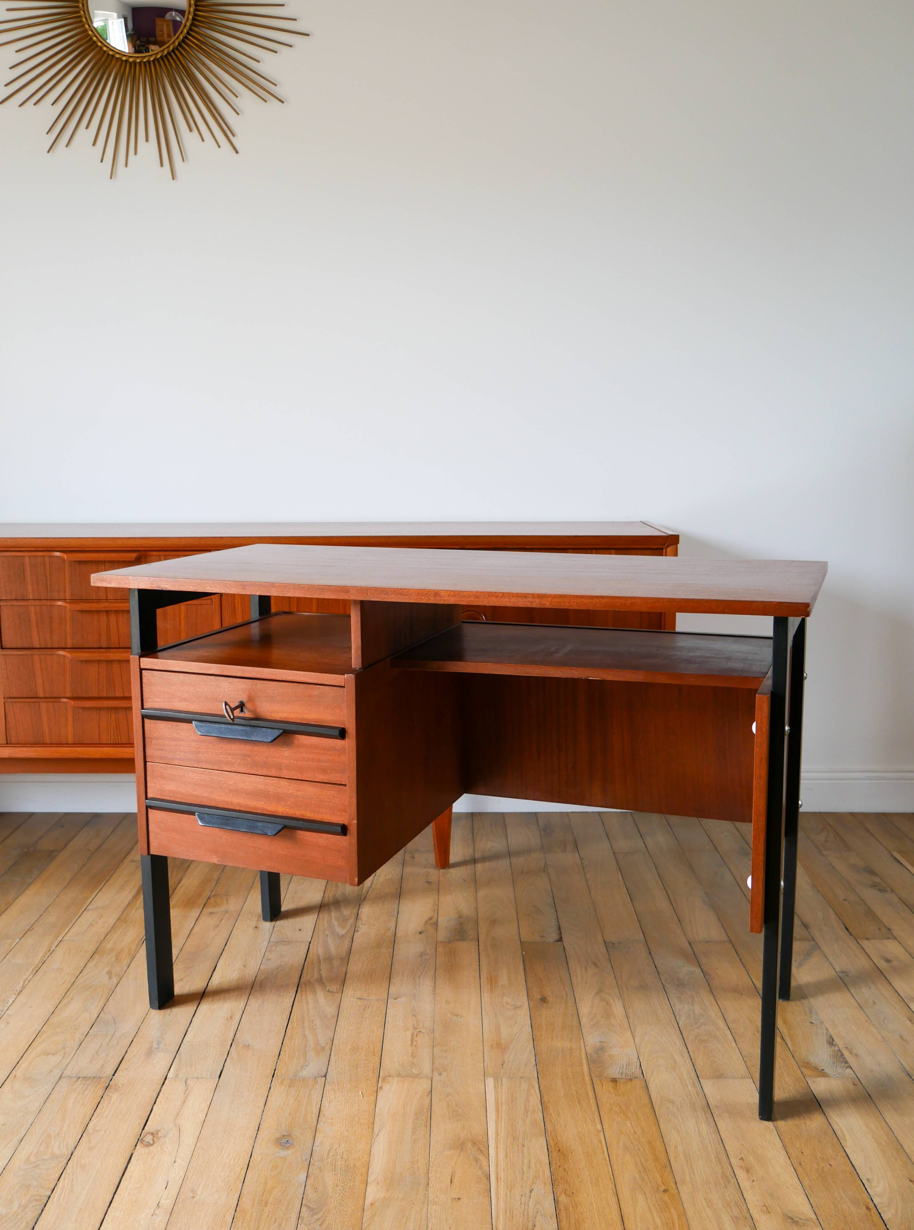 Scandinavian desk in black metal oak veneer, Modernist Design, 1960