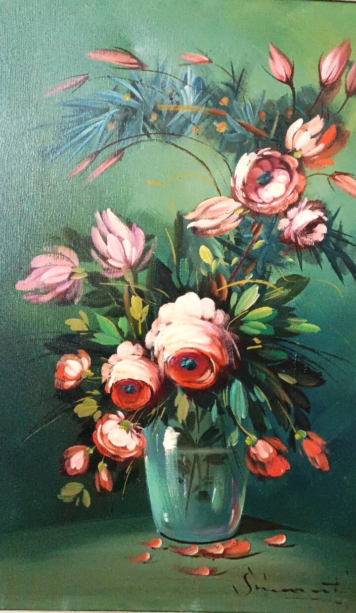 Large oil painting on canvas vase with flowers signed