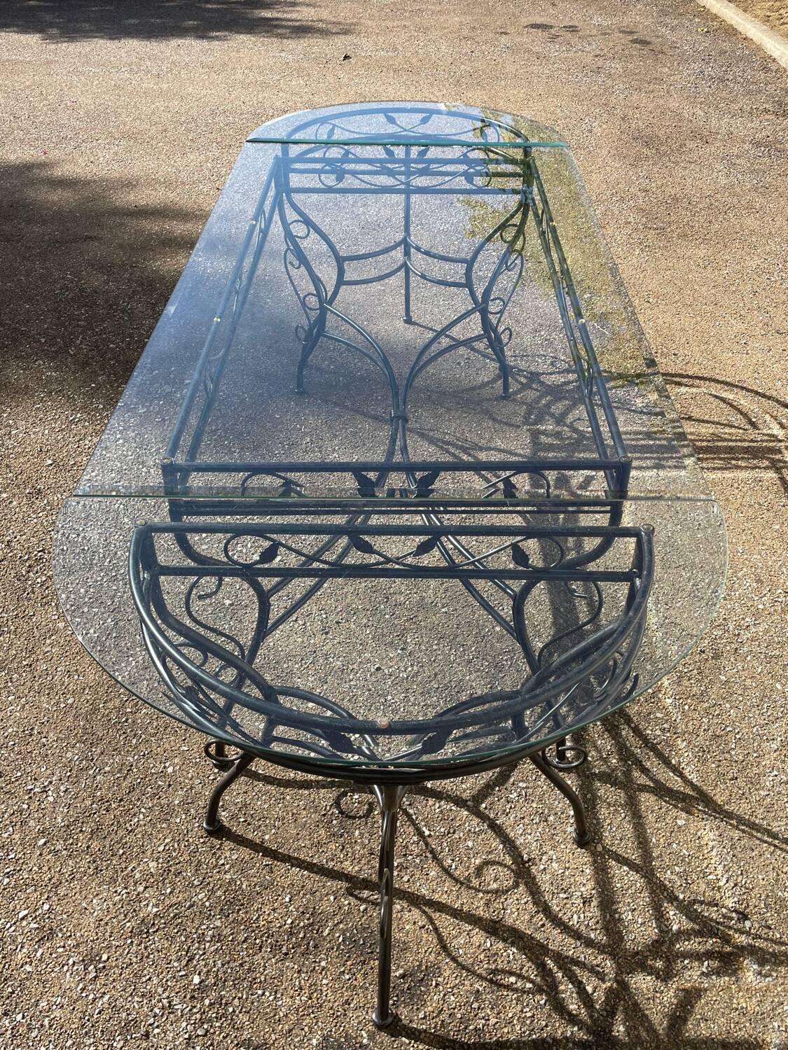 Glass and iron table with two side tables and 8 chairs