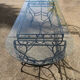 Glass and iron table with two side tables and 8 chairs