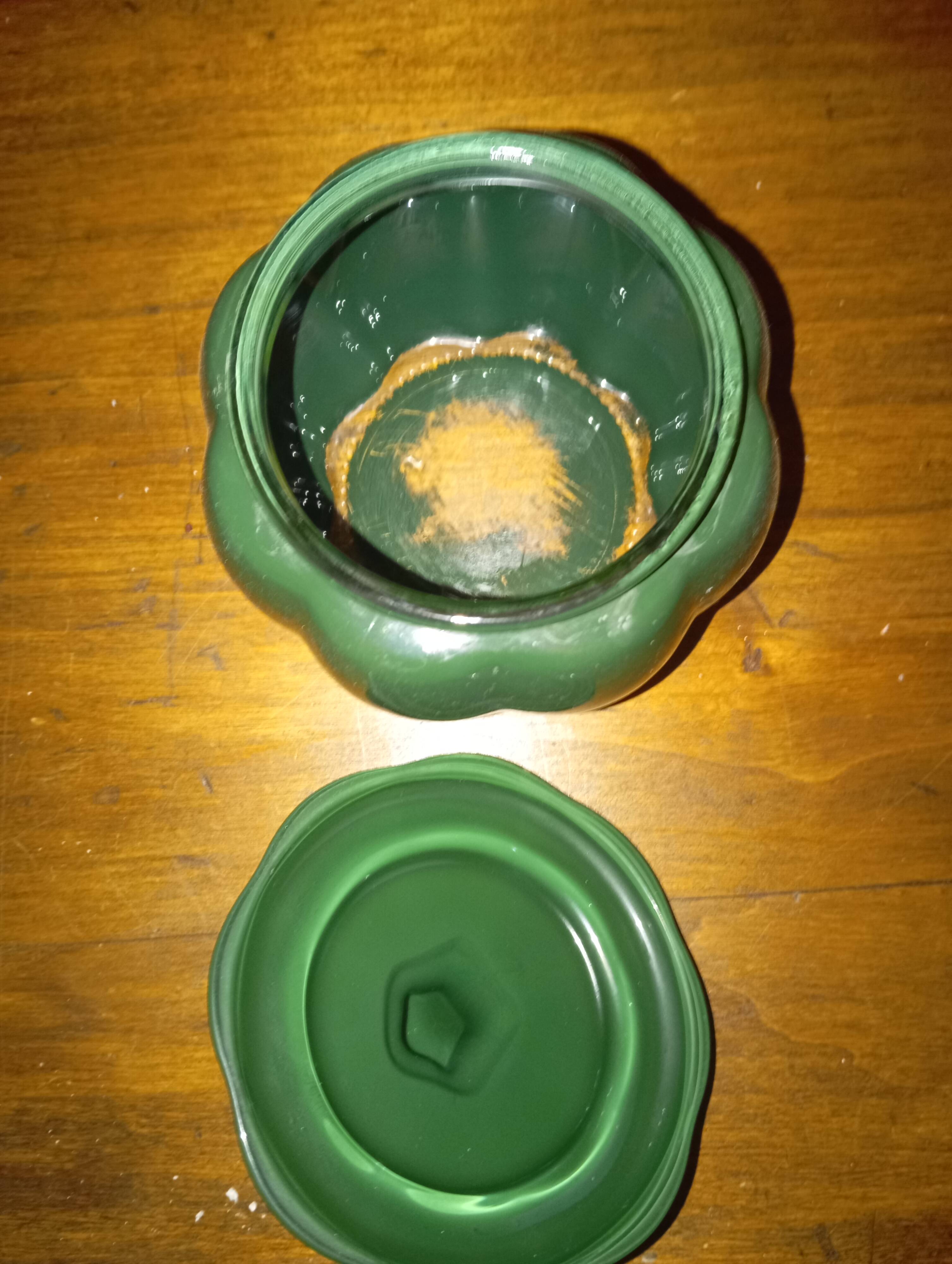 Candy box / glass sugar bowl in the shape of a green pumpkin