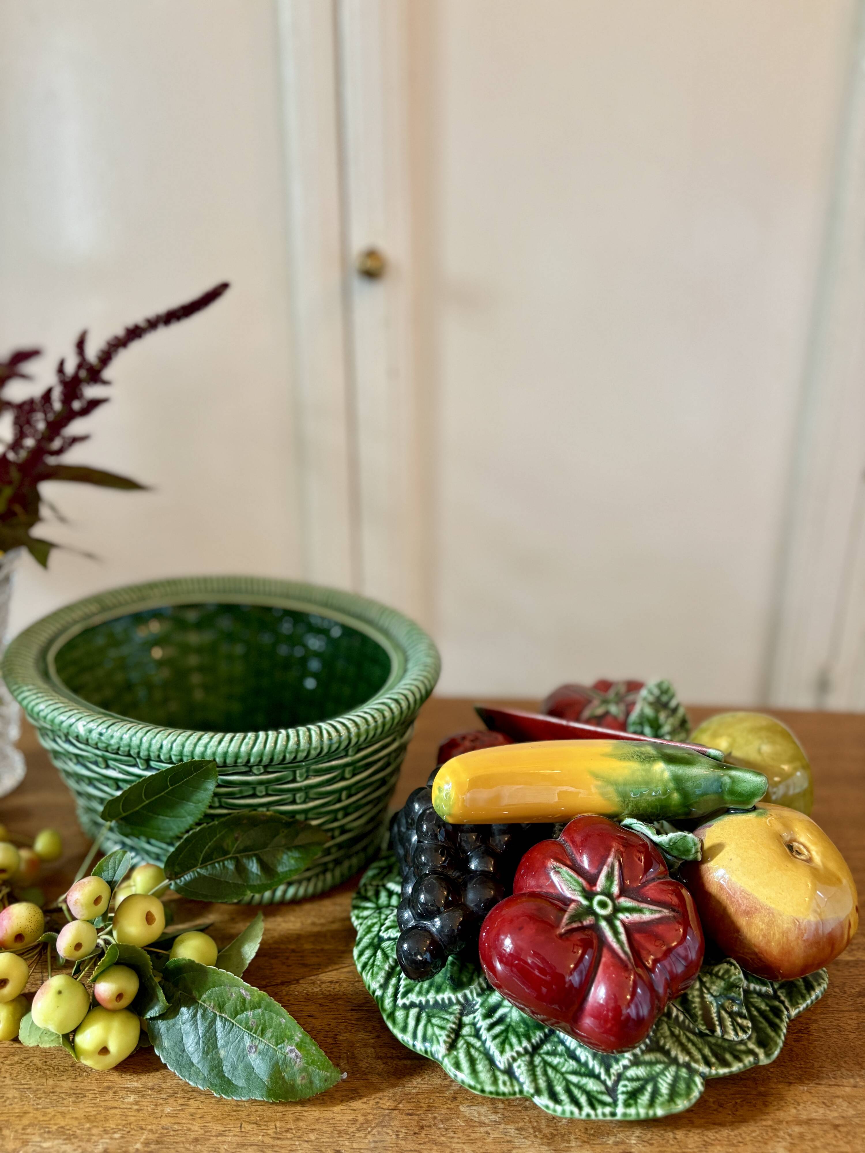 Vintage barbotine dish with fruit decorations