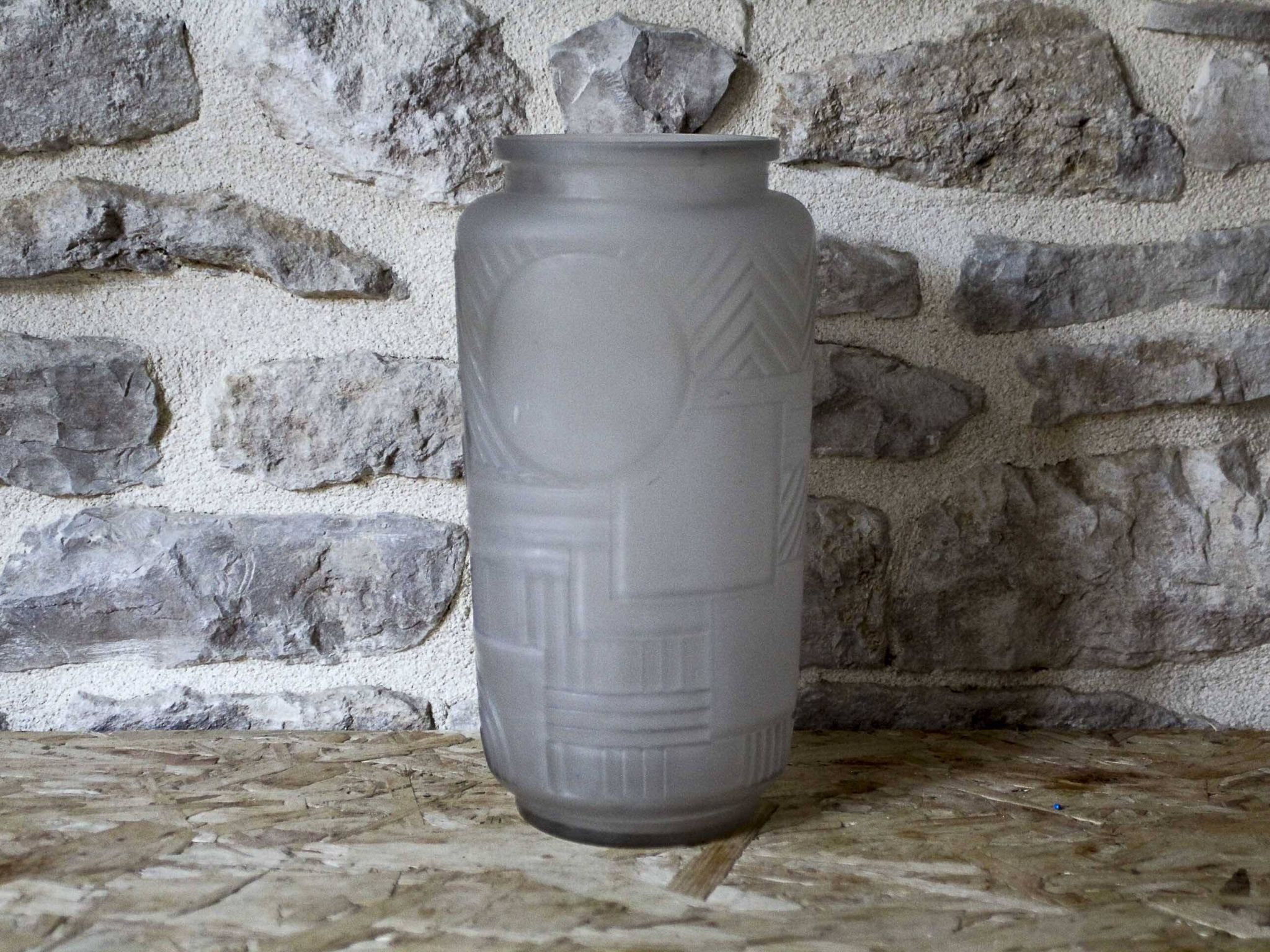 Molded pressed glass vase with geometric decoration Verrerie Legras