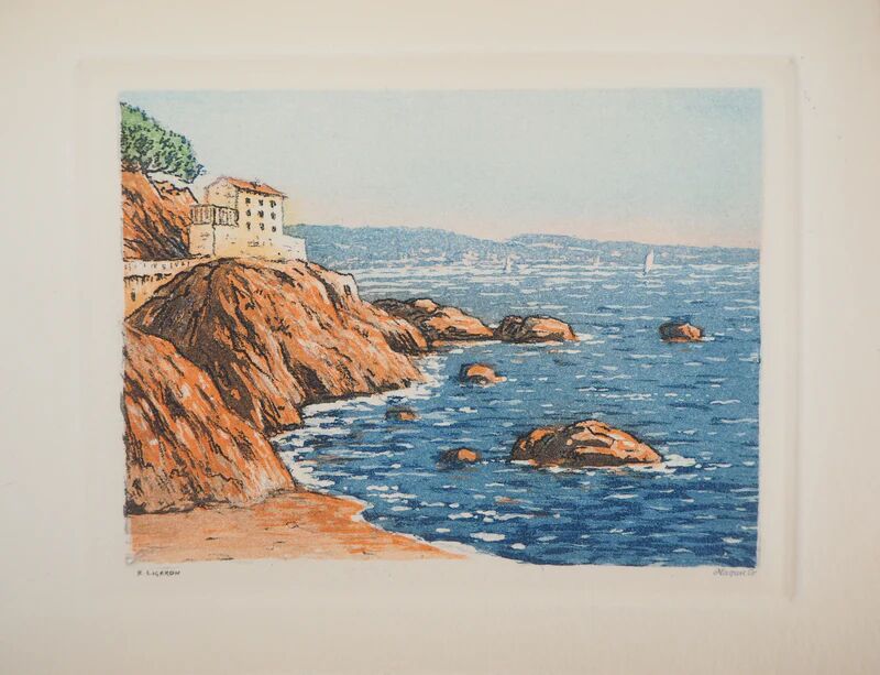 René Ligeron: Mediterranean, seaside house, signed original engraving.
