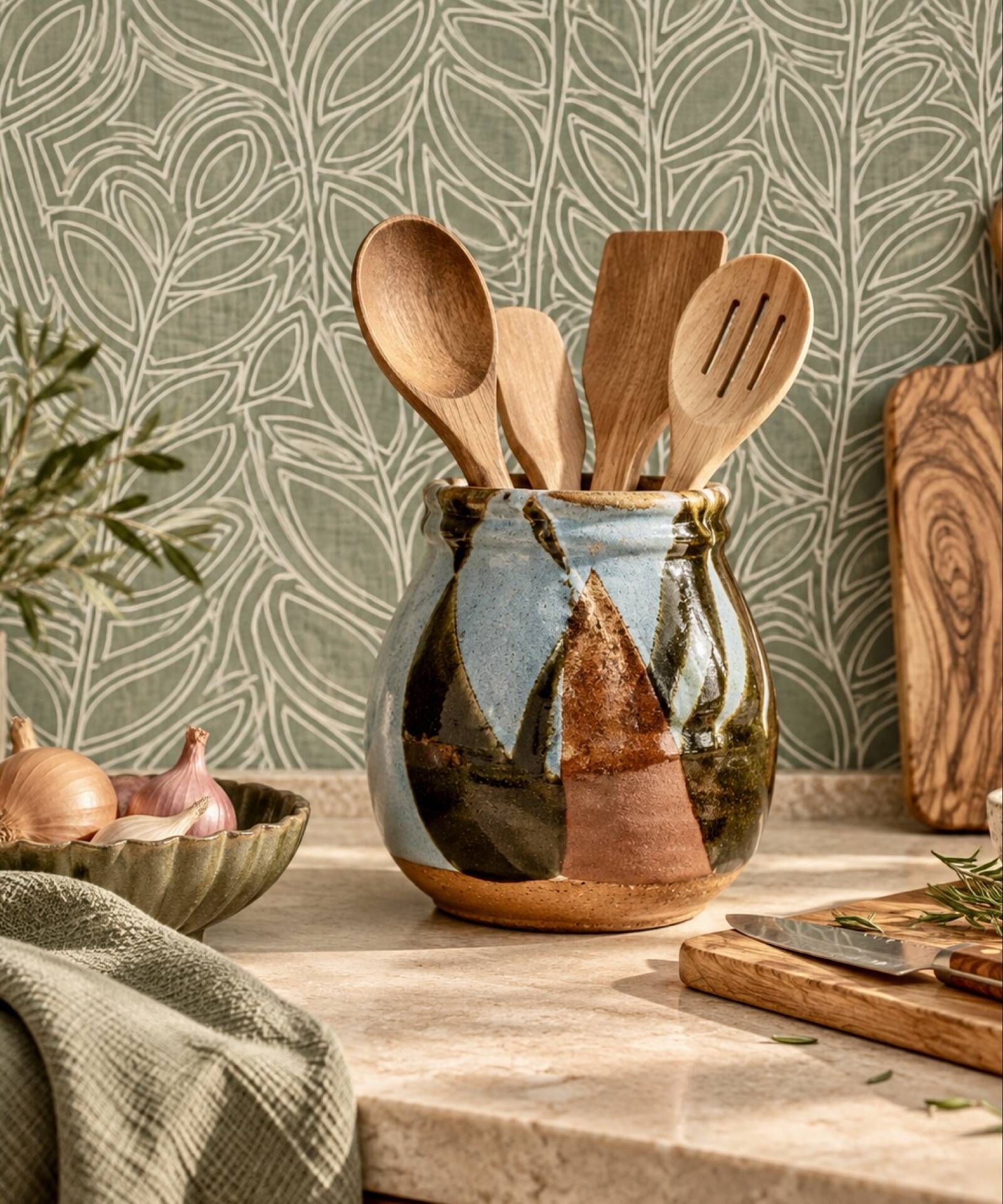 Pot en grès artisanal signé – Bleu, brun et ocre