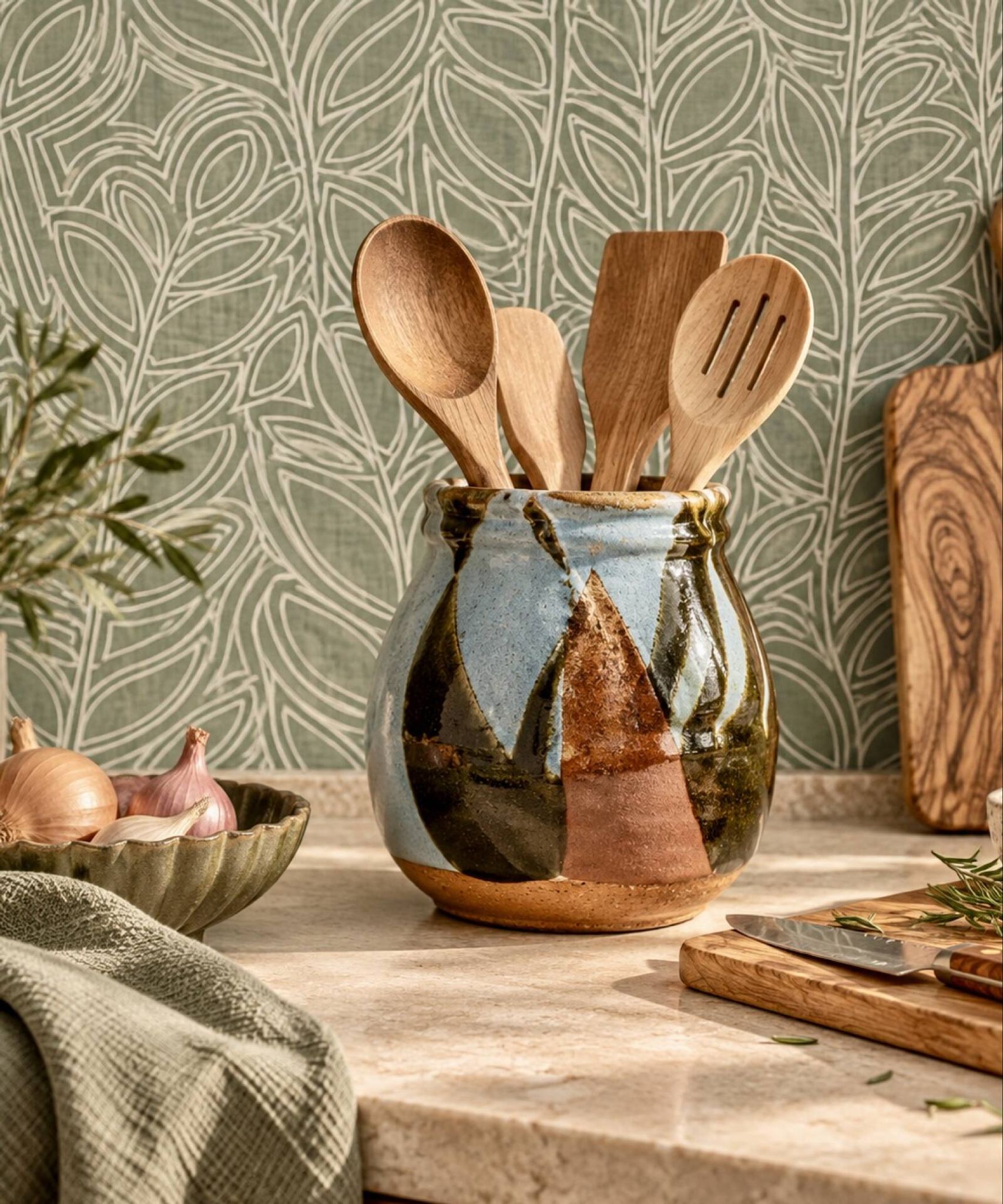 Pot en grès artisanal signé – Bleu, brun et ocre
