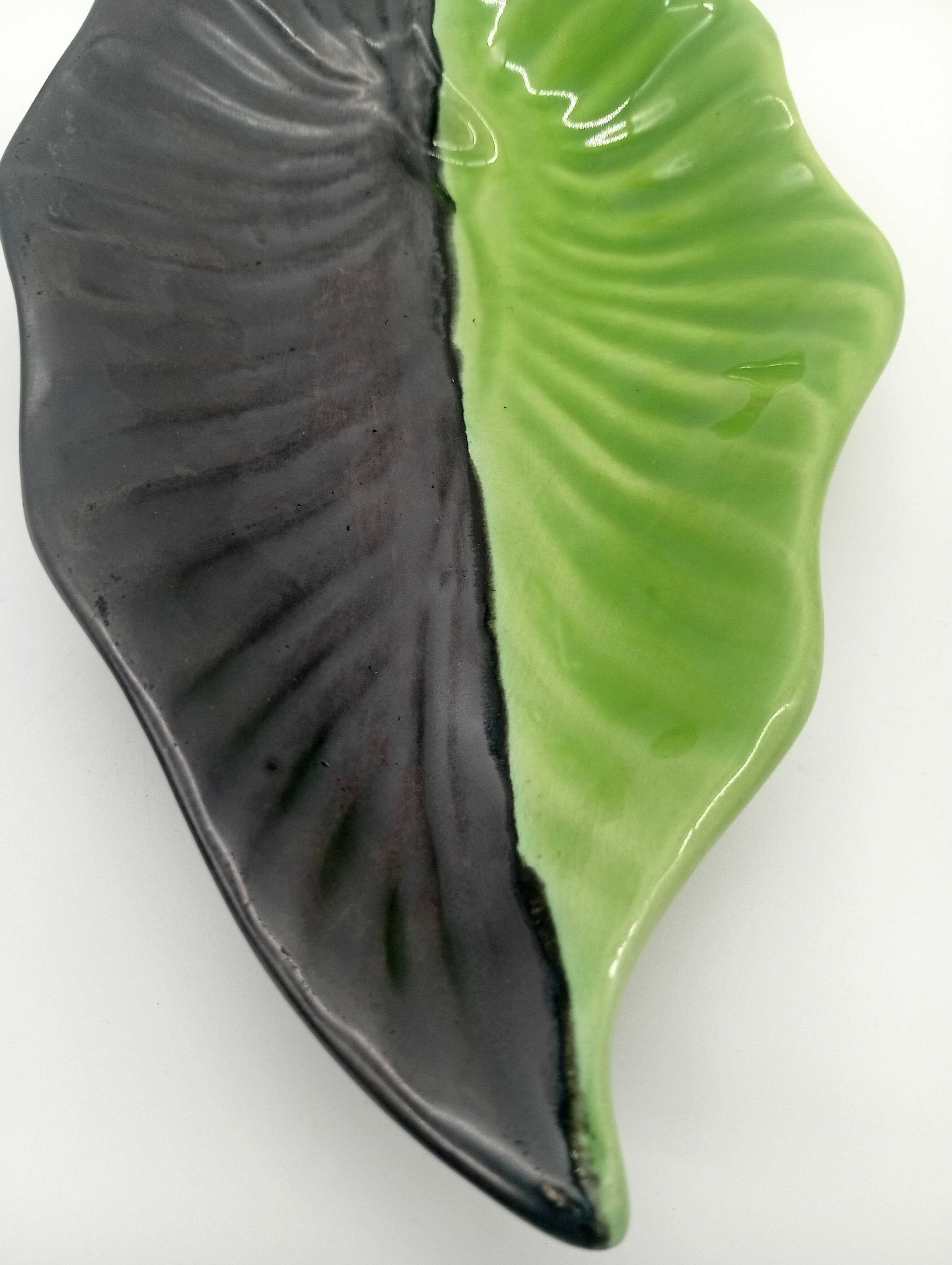 SAP Vallauris Vintage Leaf Bowl Two-Tone Ceramic Green Black 50s 60s