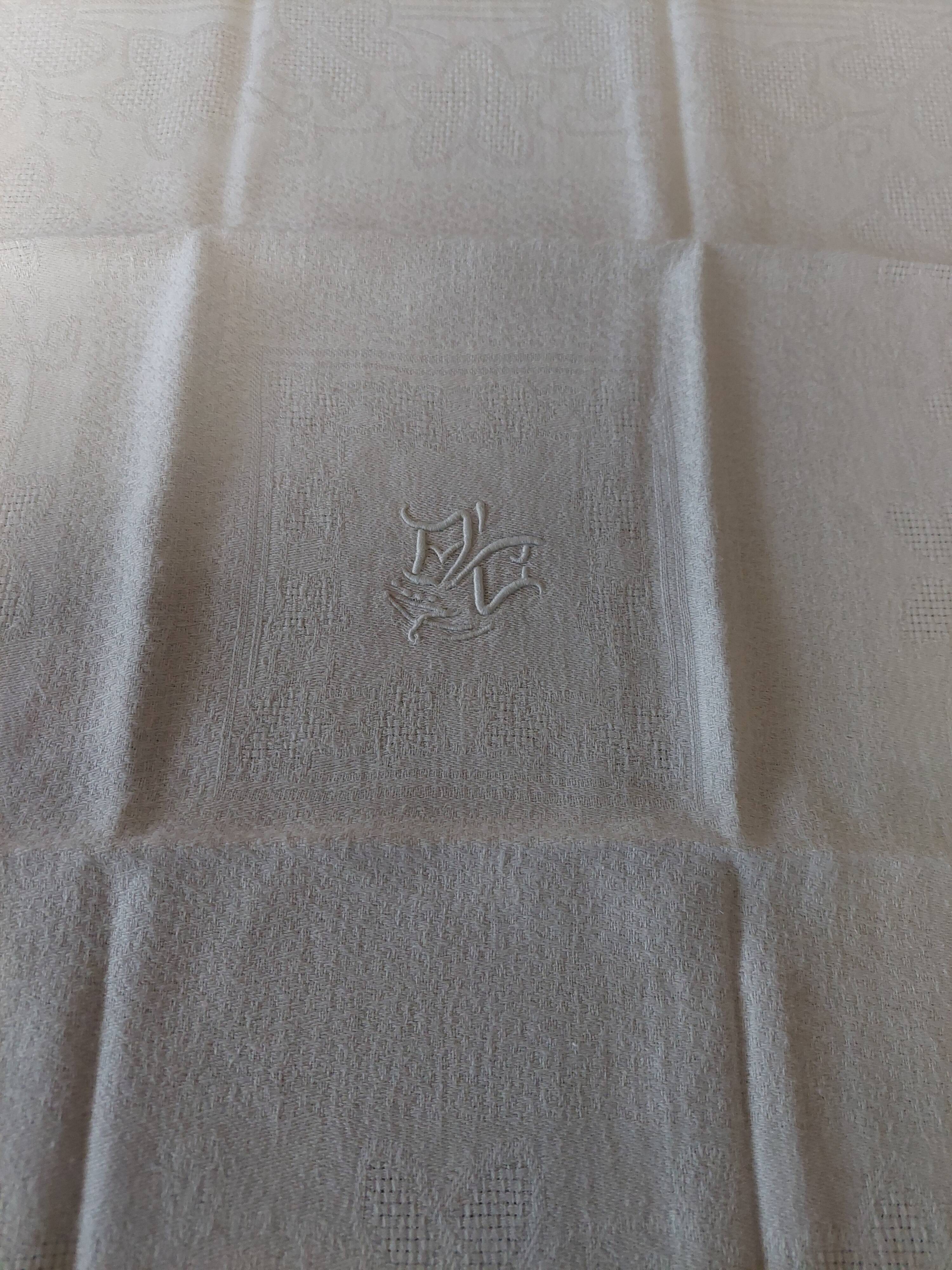 Pair of antique cotton damask napkins with AC monogram