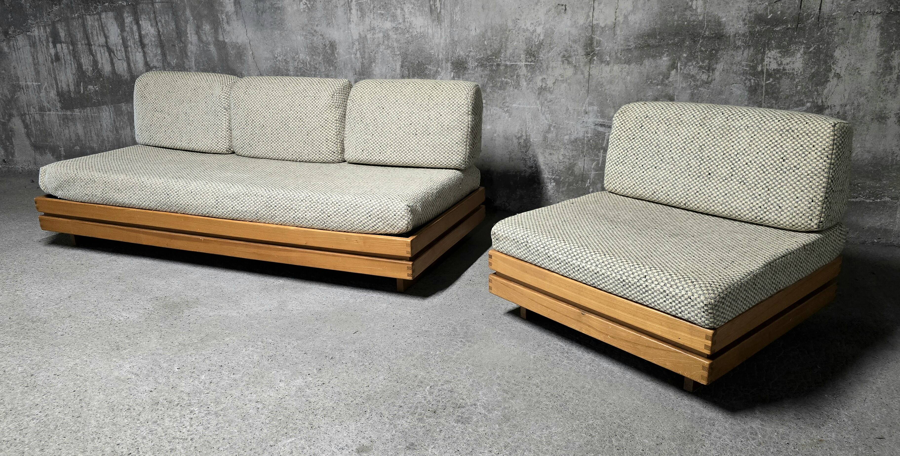 Sofa - daybed and armchair by Maison Regain 60/70 in vintage elm