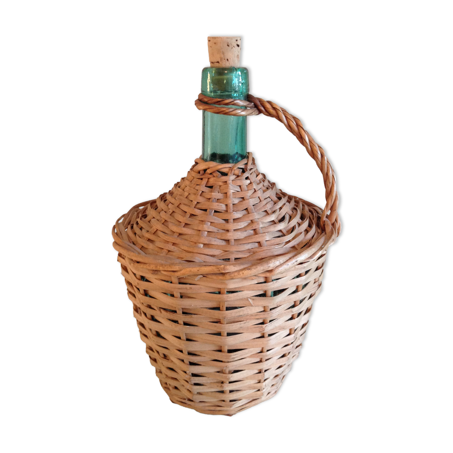 Bonbonne verte avec habillage en osier années 60/70