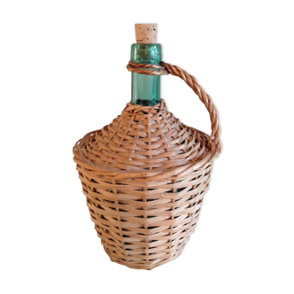 Green canister with wicker, vintage 60/70