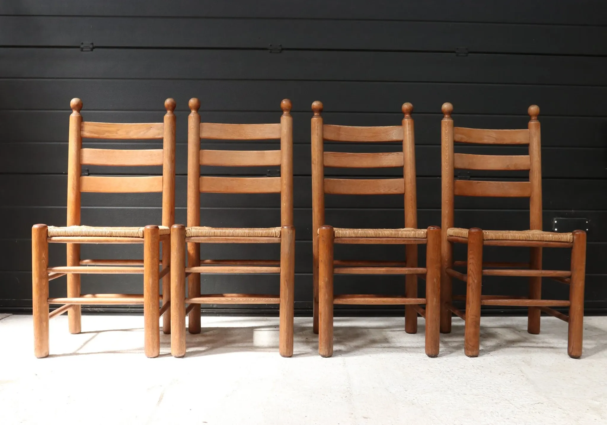 Set of four French ladderback chairs with rush seats – circa 1960