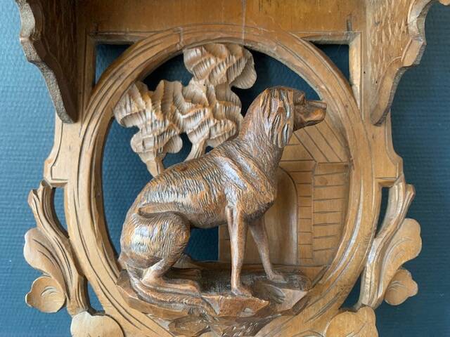 Black Forest carved wooden wall console, dog decor, folk art circa 1900