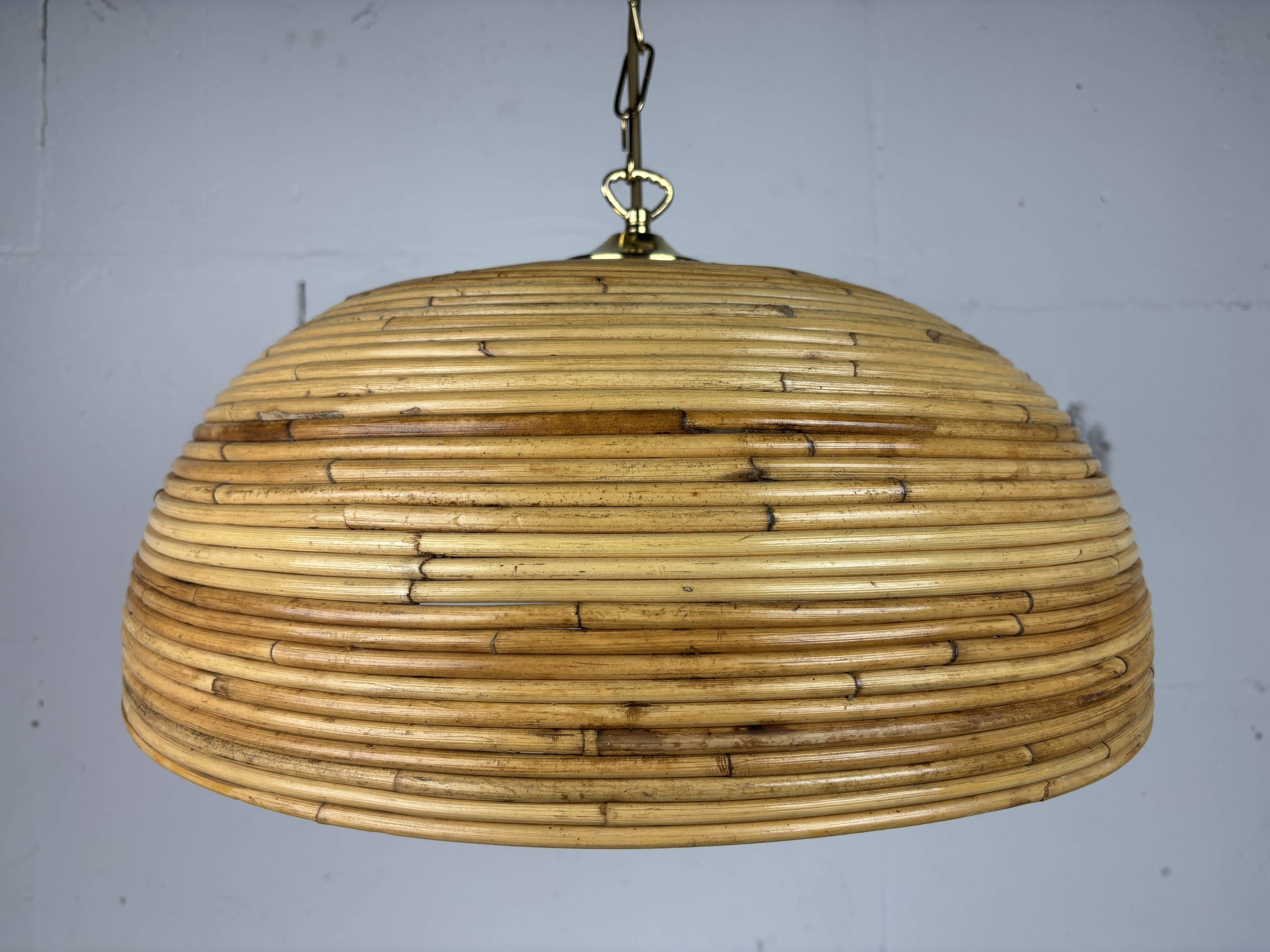 Midcentury Pencil Reed, Rattan, Bamboo and Brass Pendant Hanging Lamp, 1970