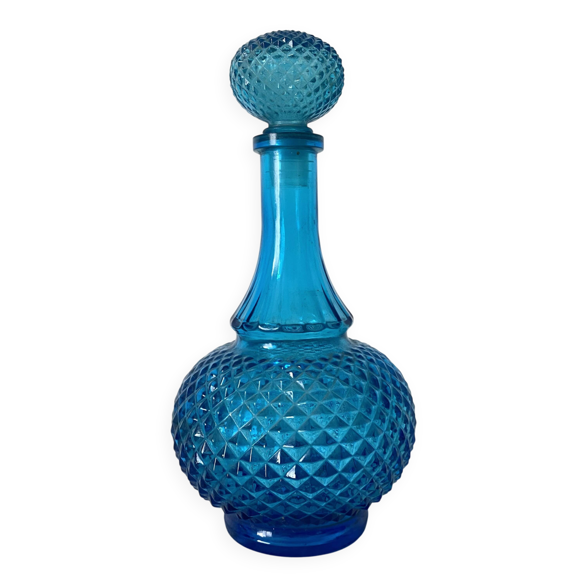 Blue glass carafe made in Belgium from the 60s