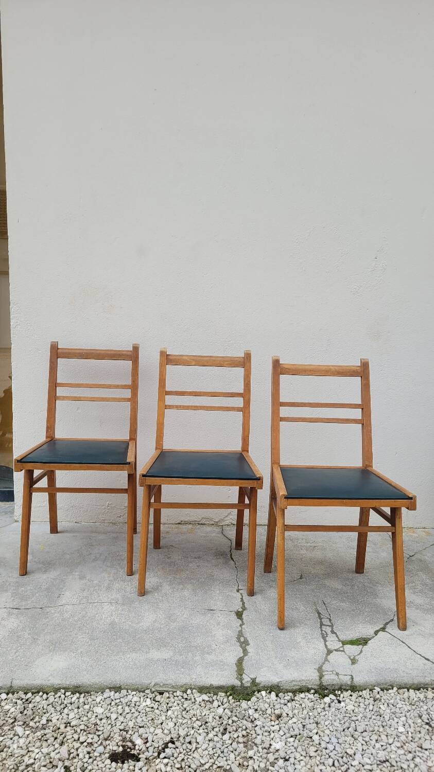 Series of 3 vintage chairs with compass legs - 1950s