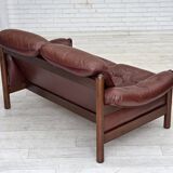 1970s, 2-seater Swedish sofa, brown leather with patina, dark beech wood.