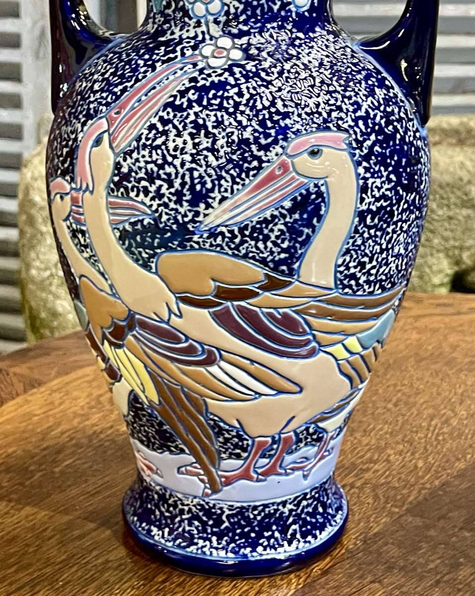 Pair of art deco enameled earthenware vases signed Amphora - Made in Czechoslovakia