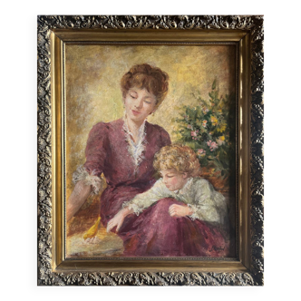Oil painting on canvas "Mother, Child and Bird" + frame signed Bertin, 20th century