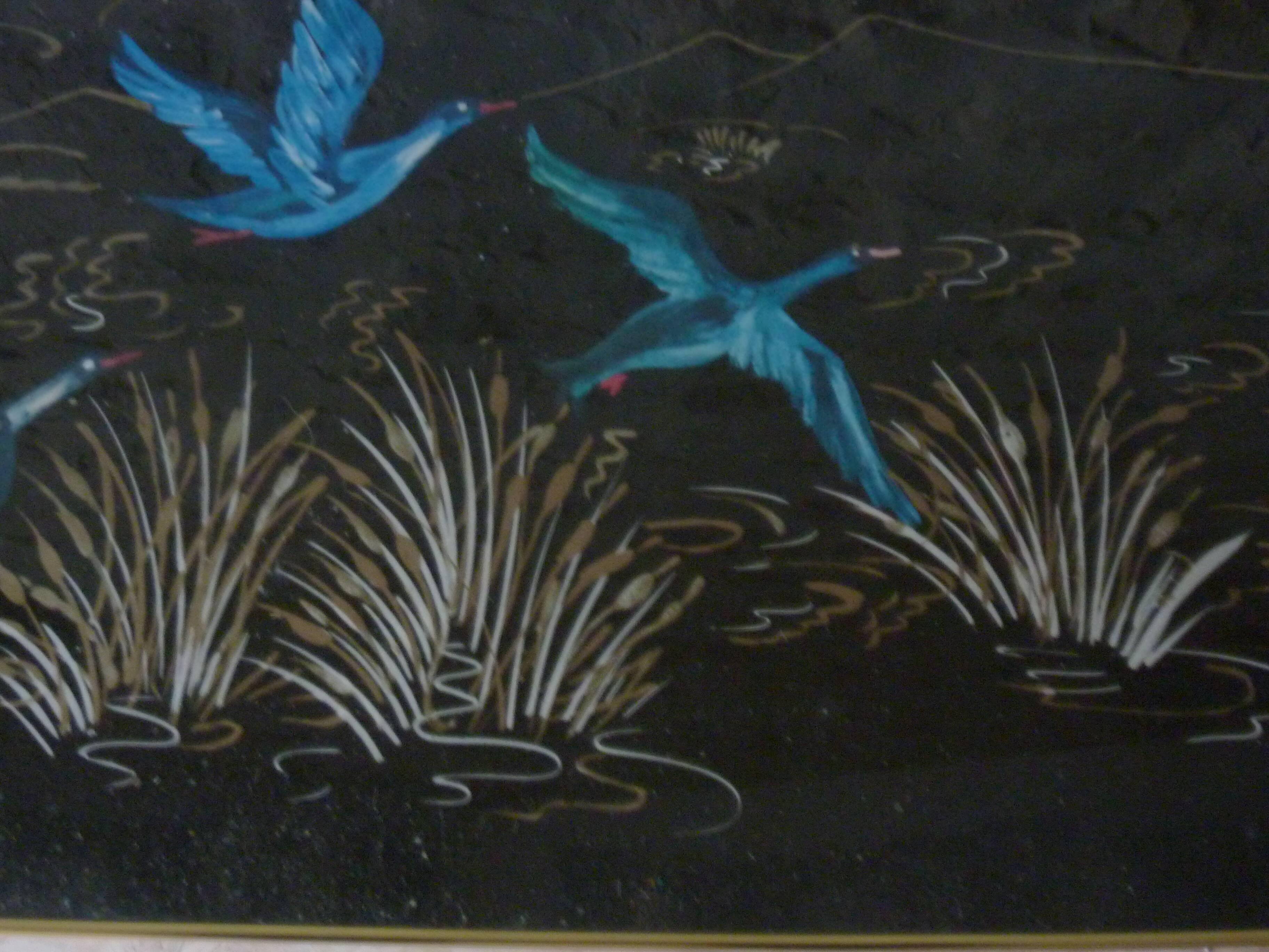 Table basse décor oiseaux bleus, années 60-70