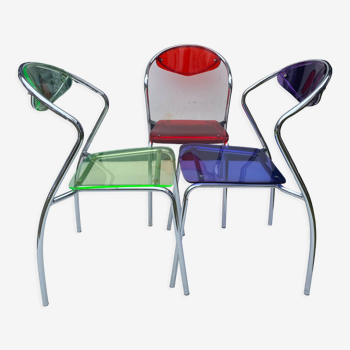 Trio de 3 chaises vintage en plexiglas et chromes des années 1980