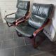 Pair of Scandinavian armchairs in leather and curved wood