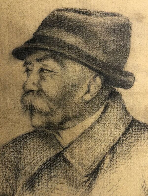 Dessin ancien mine de plomb, portrait homme moustache