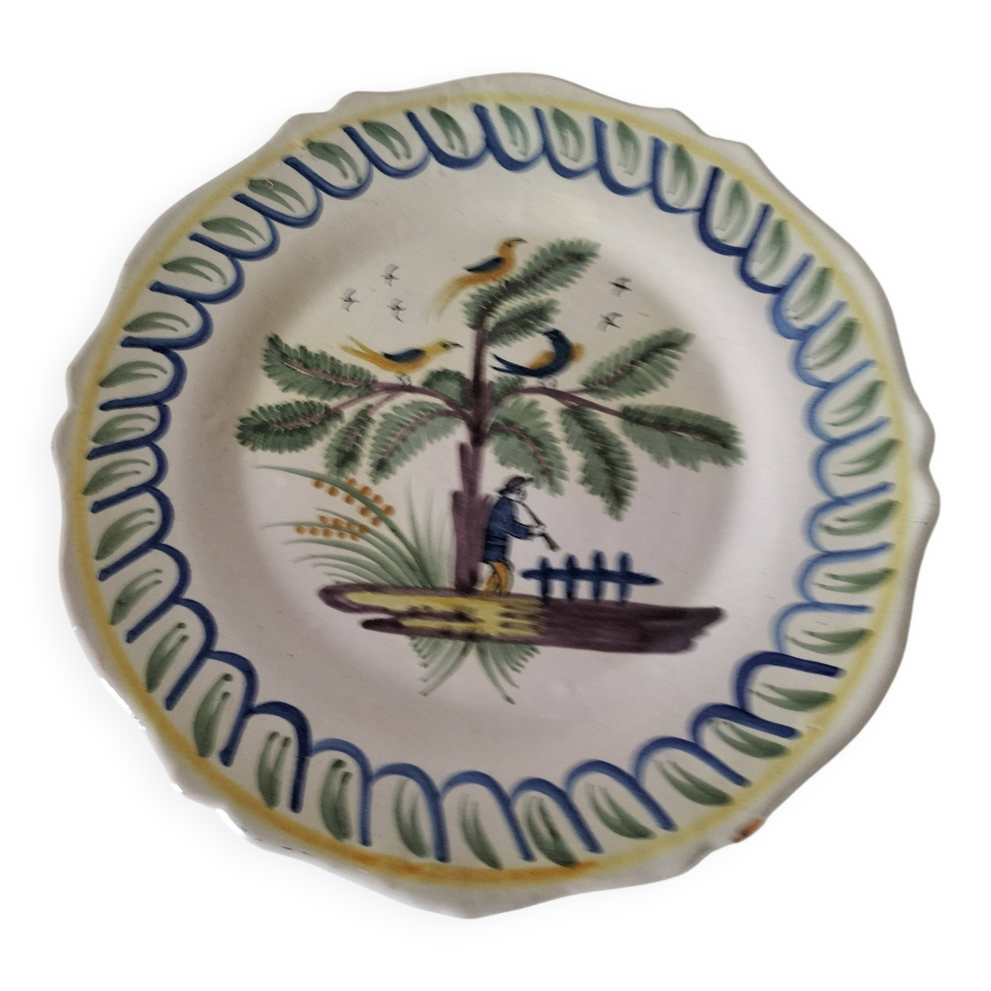 Antique hand-painted earthenware plate – piper and birds
