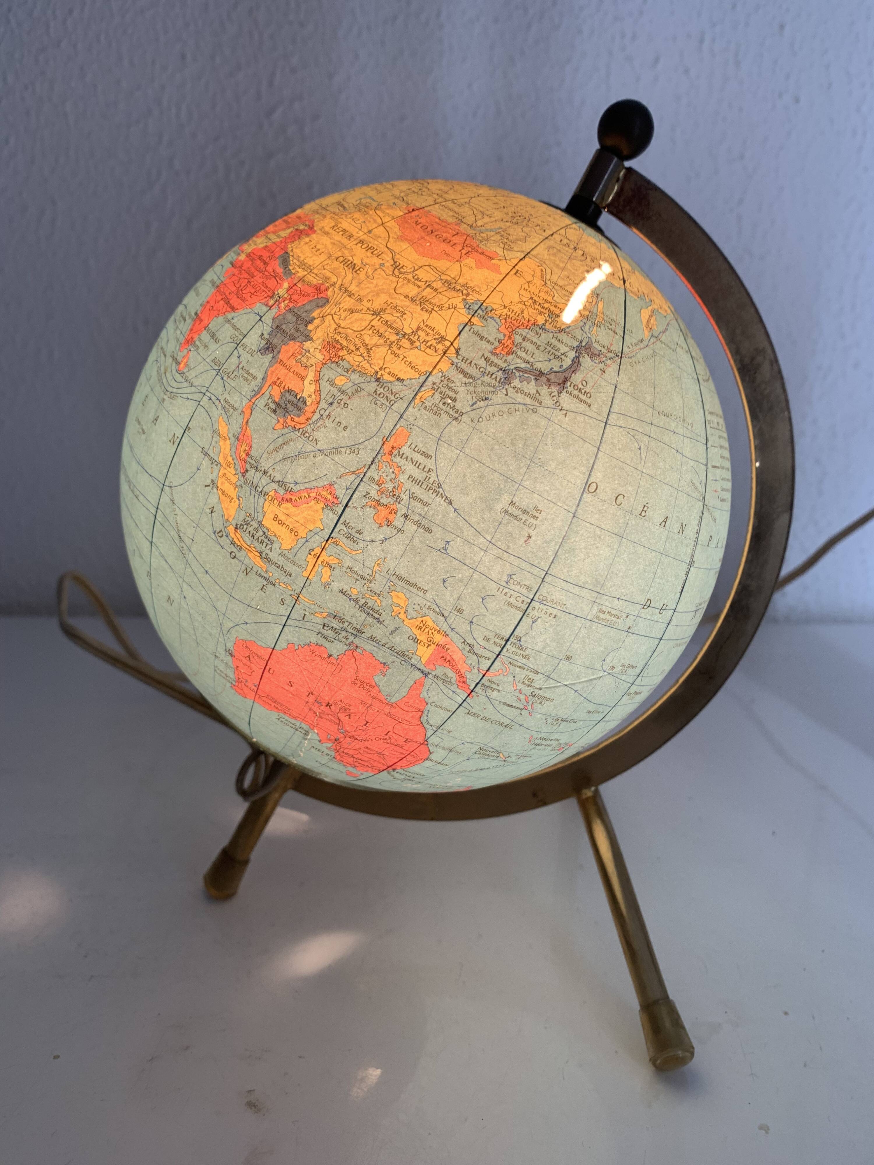 Vintage 1970s Taride tripod globe with gilded glass world map - 23 cm