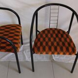 Duo of vintage metal and velvet armchairs