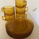 Set of Vereco cups and saucers, amber glass