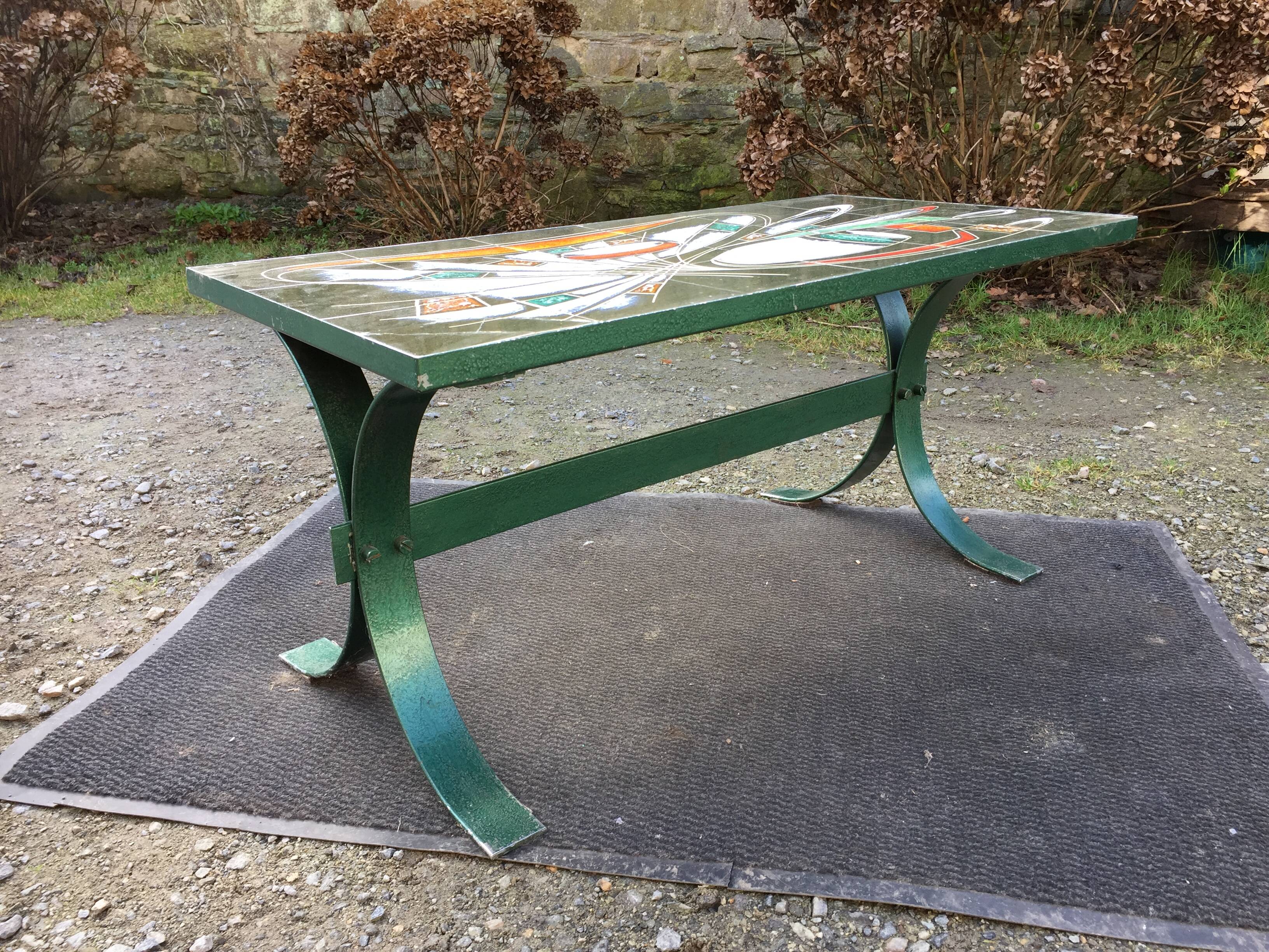 Vintage ceramic coffee table Vallauris spirit with metal x base