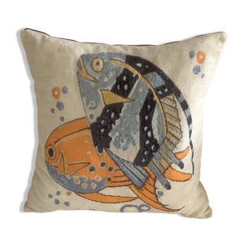Cushion in fine tapestry, after Mathurin Meheut, West Coast decoration.