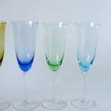 Set of 5 multicolored colored glass flutes 1970