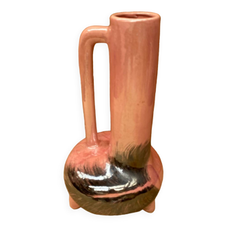 Ancien Vase Céramique Rose Émaillé Décor Noir Vintage