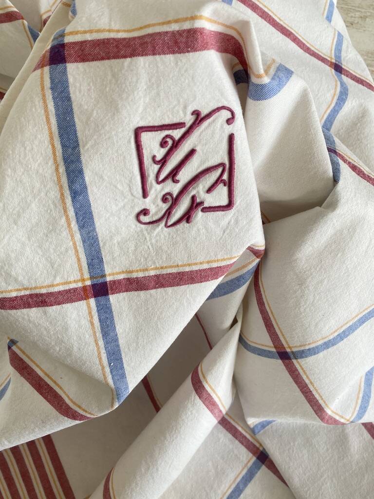 Nappe ancienne écossaise monogrammée CG- Coton - 140x140 cm