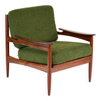 Rosewood armchair 1960s green curly fabric