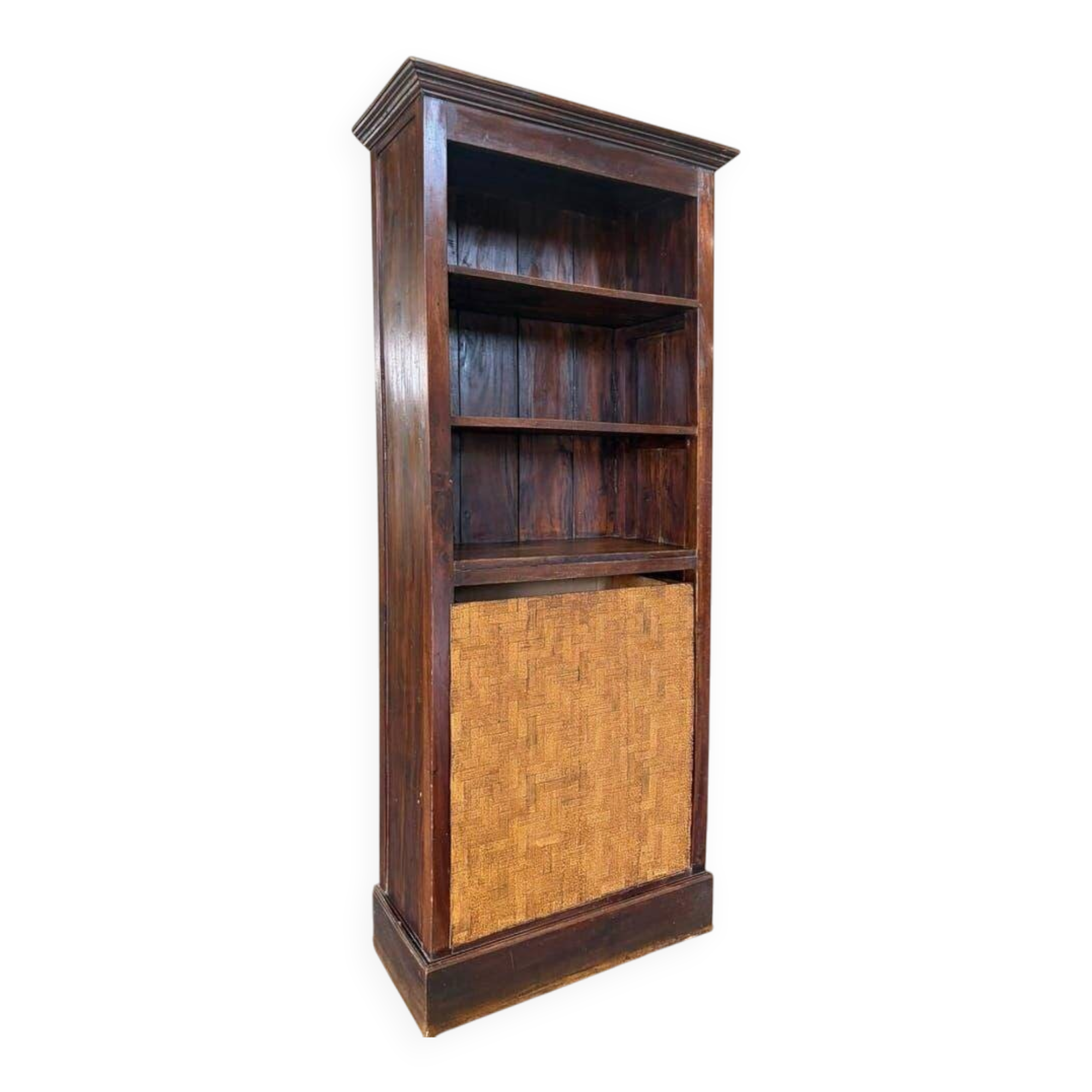 Vintage wooden library with storage chest/basket.