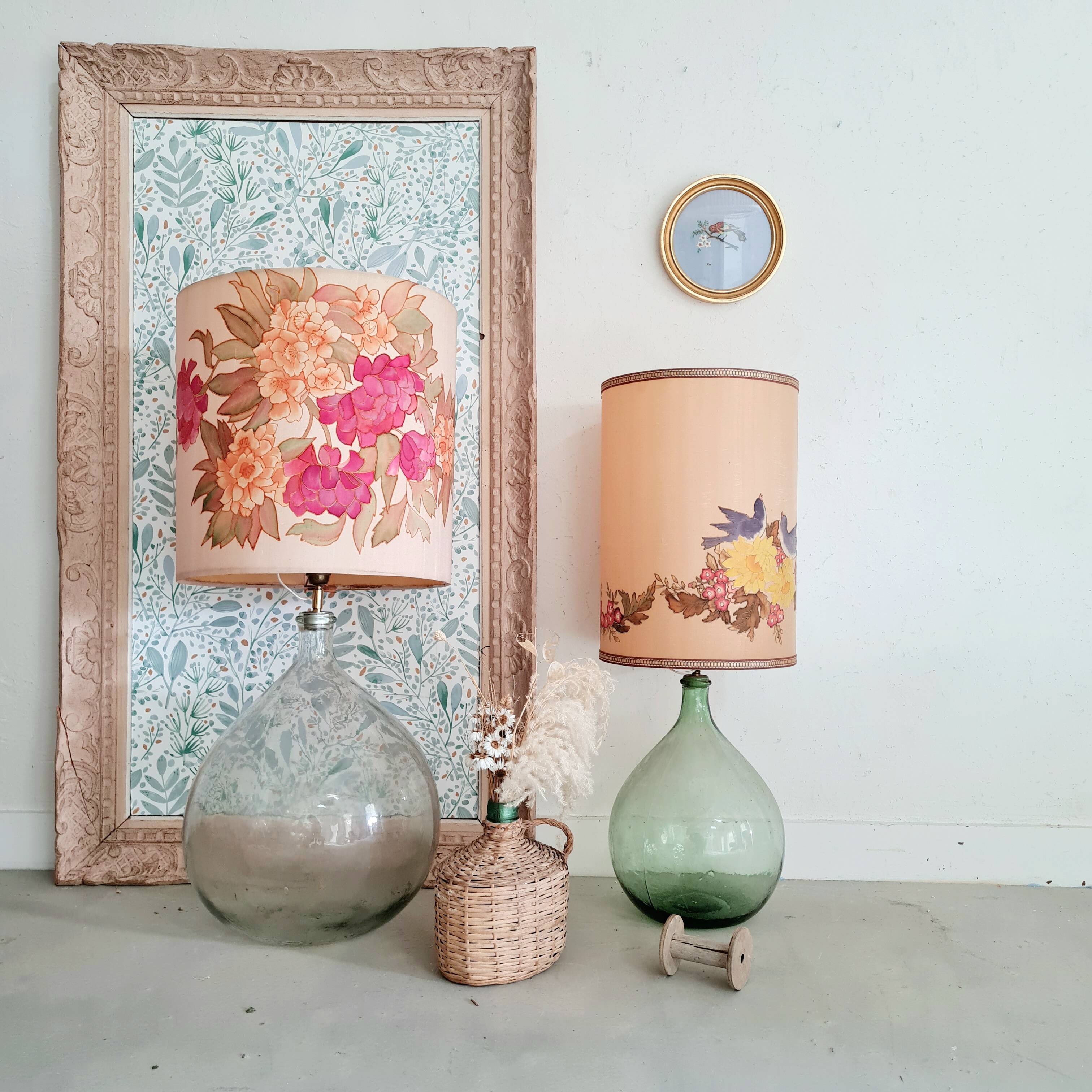 Lampe dame jeanne  abat jour fleuri