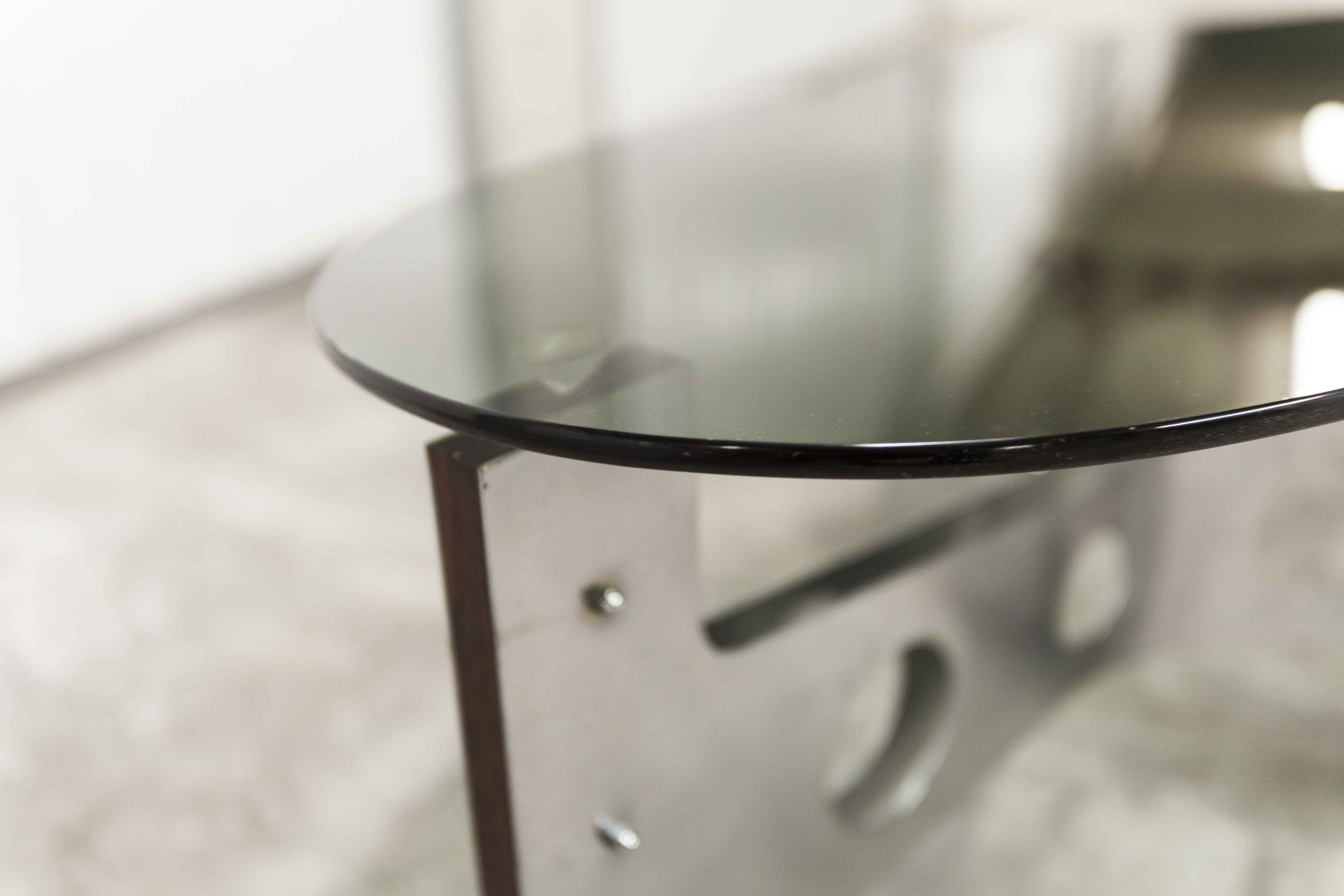 Oval coffee table 1970 feet metal and wood smoked glass