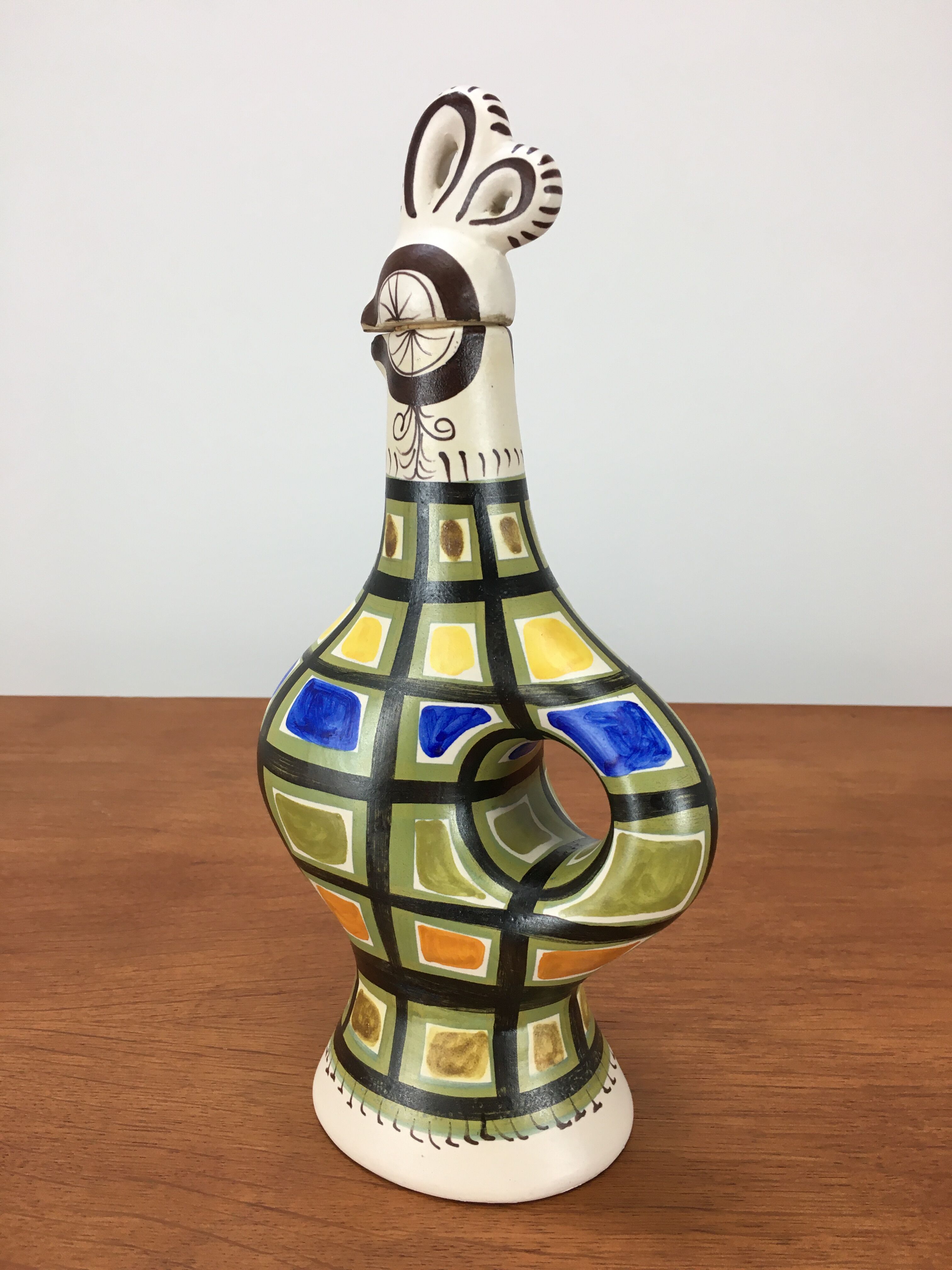 50s André L'Helguen ceramic rooster bottle for Keraluc Quimper